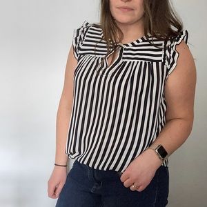 LOFT Striped Smocked Split Neck Shell Blouse Size M in Black and White